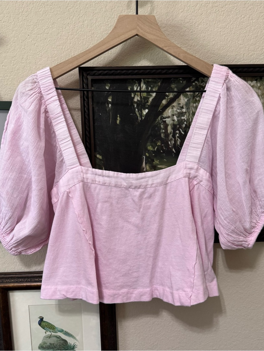 URBAN OUTFITTER | Light Pink Square-Neck Puff Sleeve Crop Top Size Small